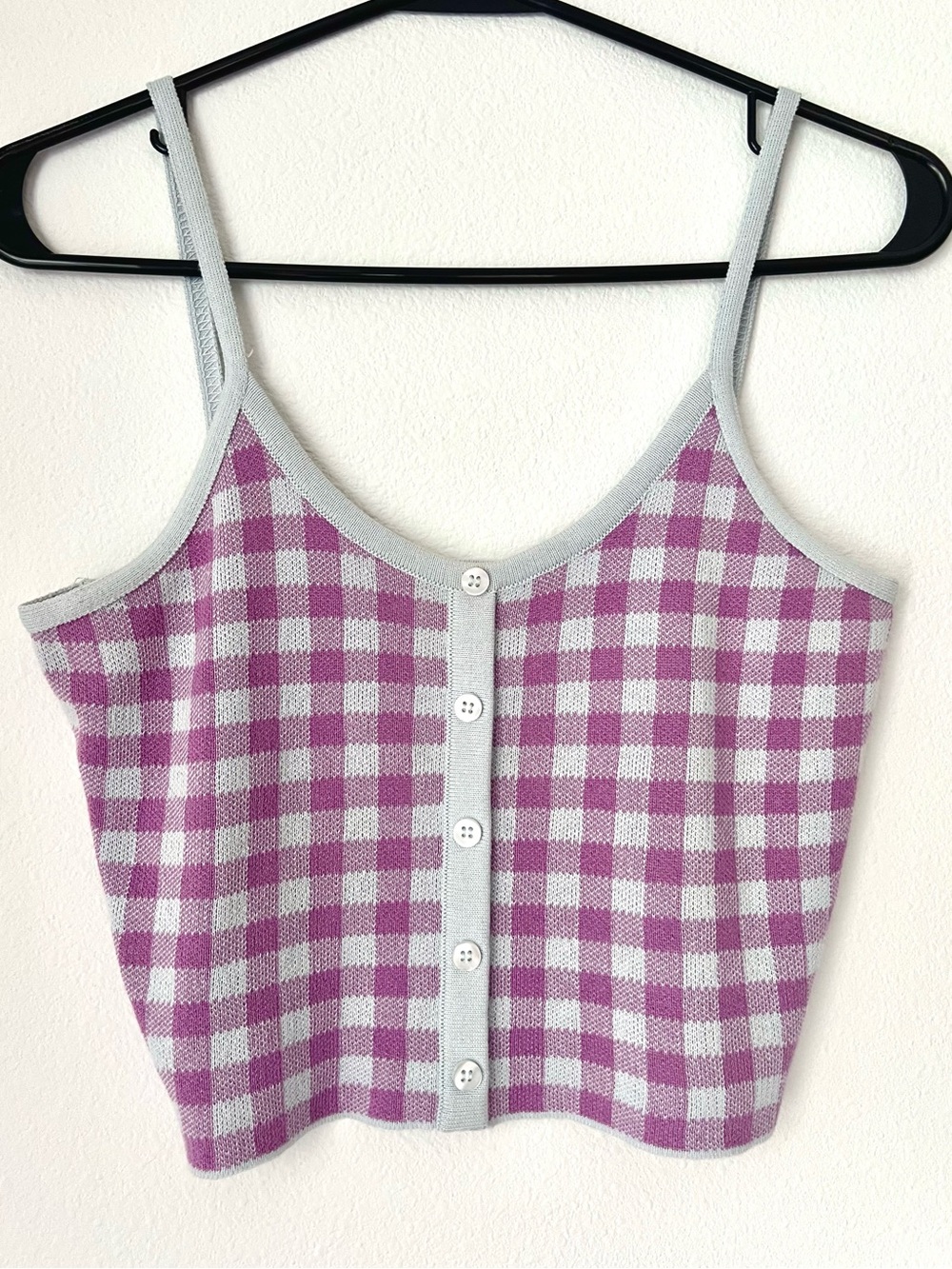 Women’s Woven Pink Gingham Button-Front Cami Crop Tank Top